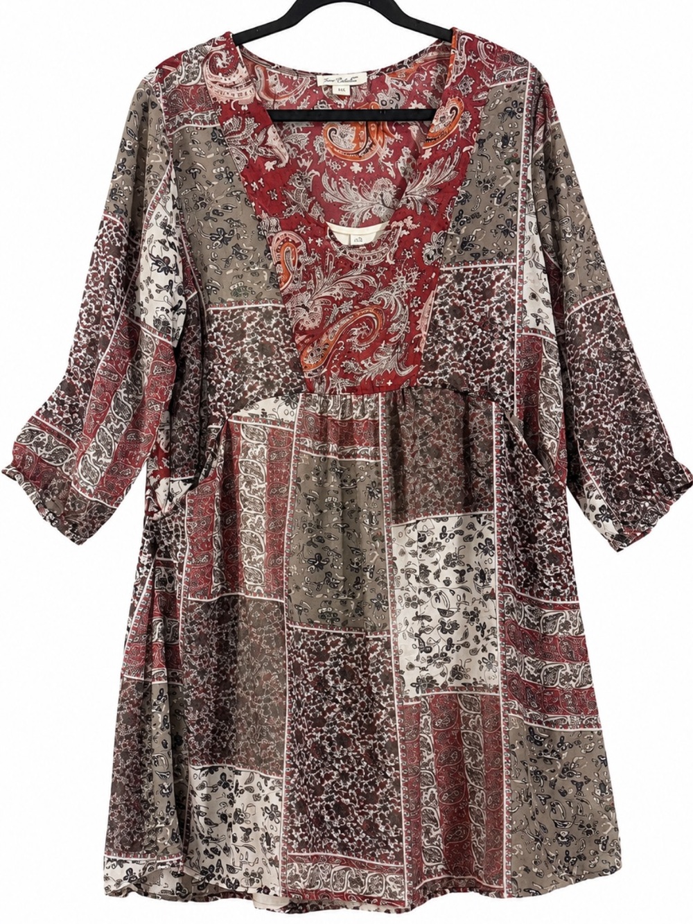 Simply Noelle Patchwork V-Neck Tunic Burgundy & Taupe Gray Lagenlook 2Pc Dress